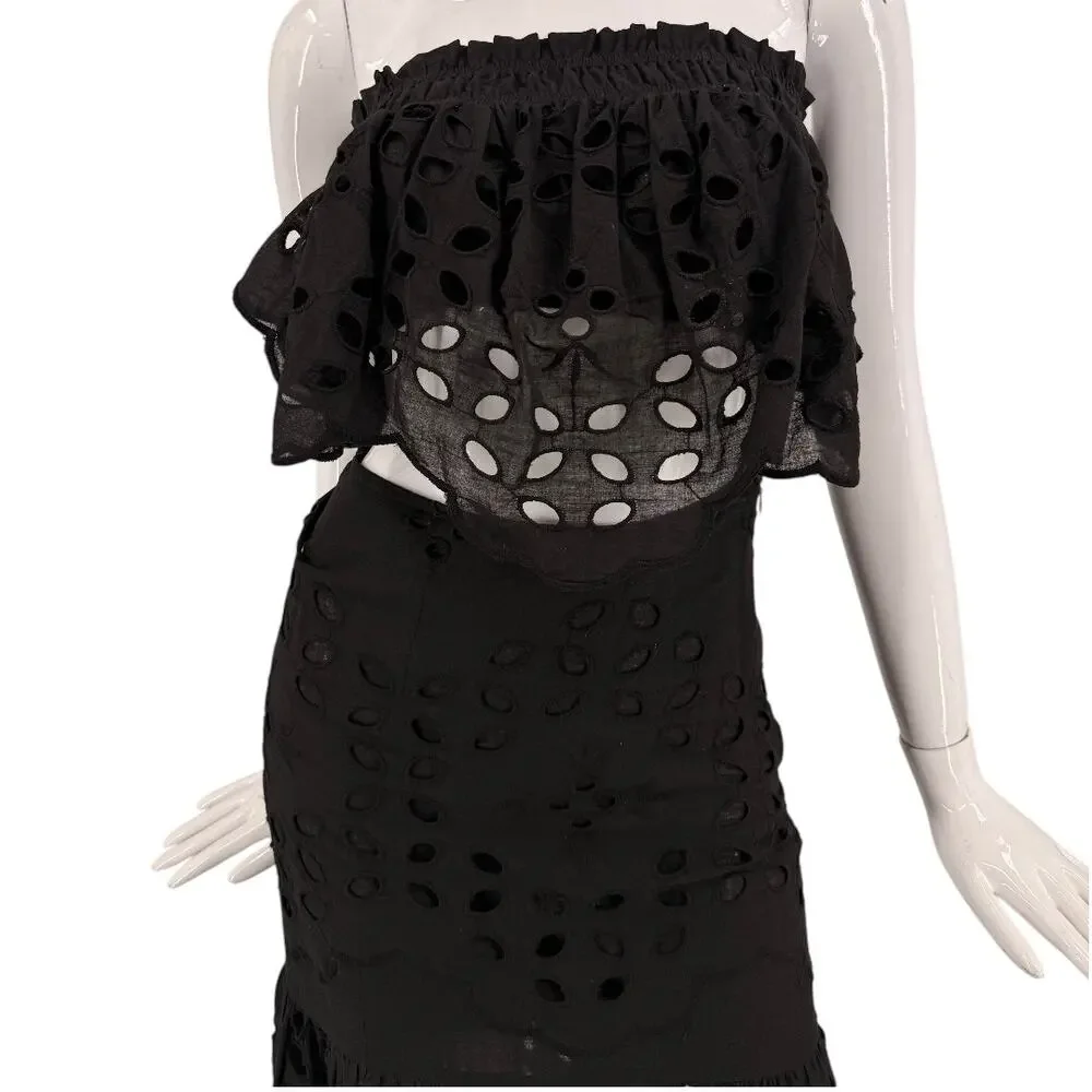 Luxxel Palm Chains Eyelet Embroidered Two Piece Maxi Skirt Set Black Women's S